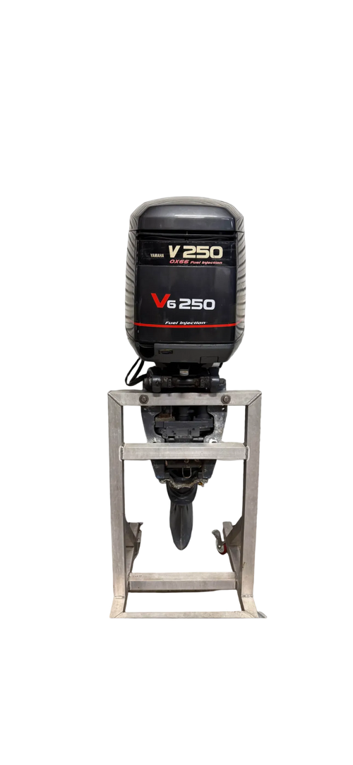 Yamaha 250HP OX66 Saltwater Series two-stroke outboard motor — 25 inch extra-long shaft, port side view